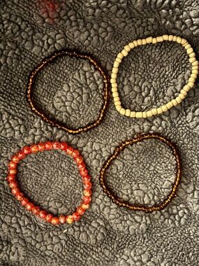 Stretch Beaded Bracelet Set - Red, Brown & Cream